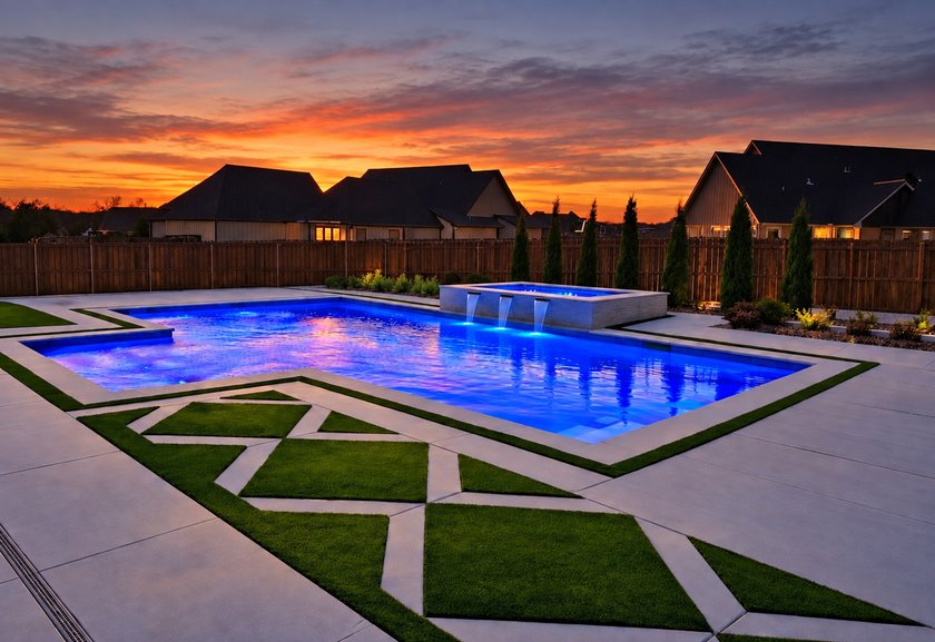 Backyard pool lit at sunset, with artificial turf strips set between concrete pavers