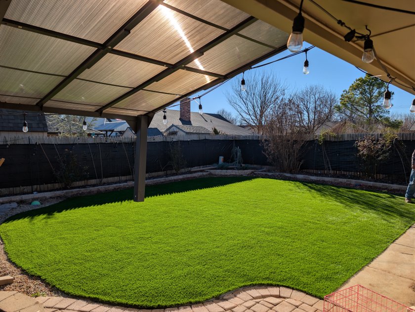 Artificial turf lawn curving along a paver patio beneath a covered pergola