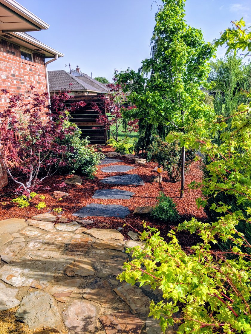 Stone stepping path winding past Japanese maples alongside a brick house